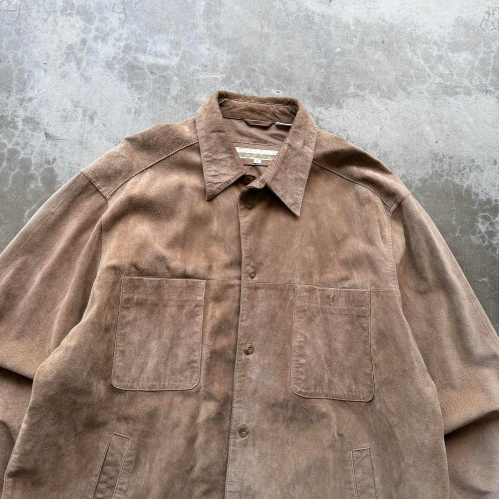 Vintage 90's mocha brown suede leather button up over shirt size XL perry ellis - Picture 3 of 7